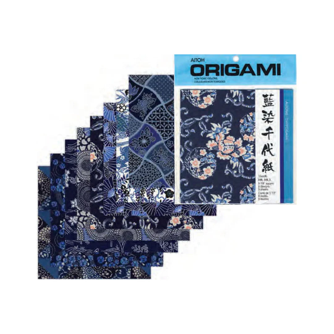 Aizome Chiyogami - Indigo Floral Pattern Origami Paper - 6" x 6"