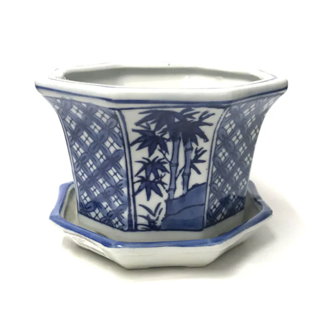 Blue on White Ceramic Flower Pot with Tray (Hexagon - Bamboo)