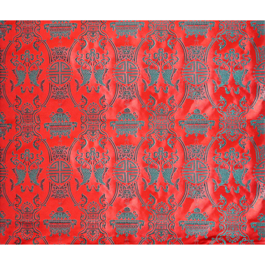 Double Fish Brocade Fabric - Green on Red