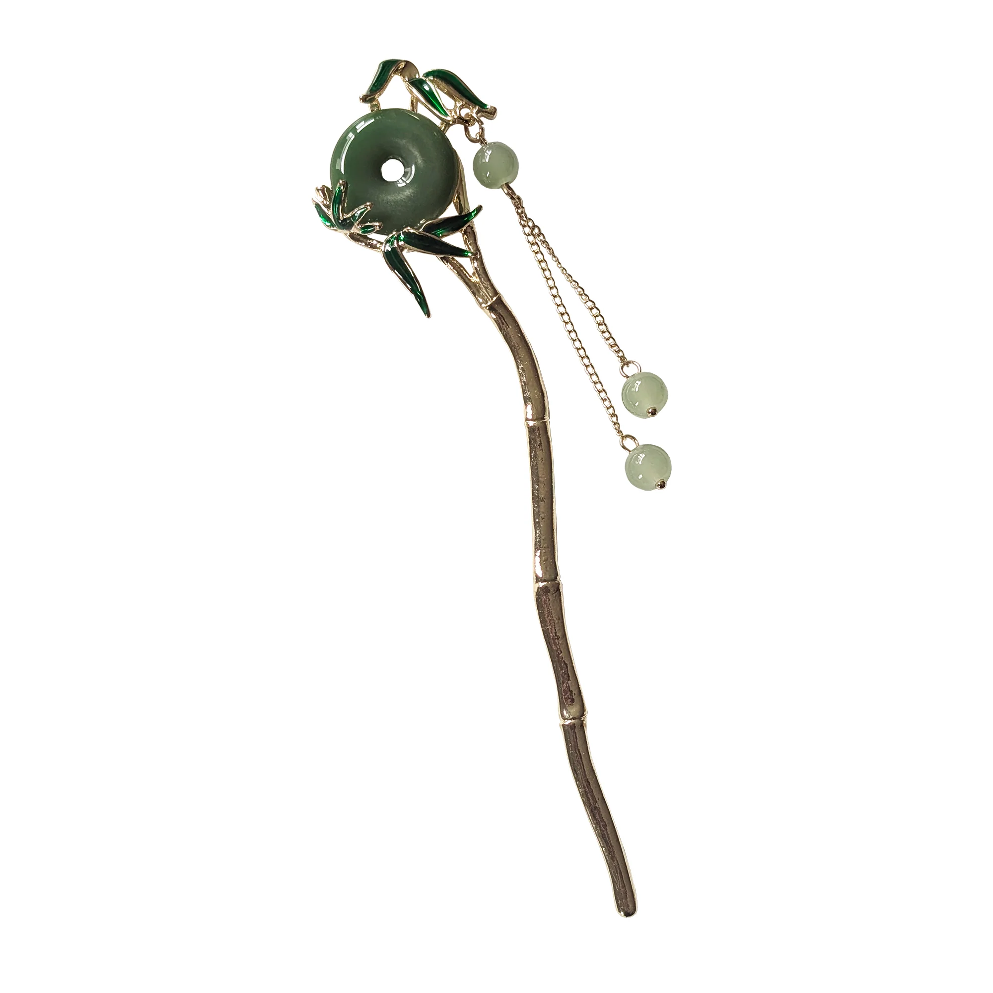 Gold Color Hair Pin with Jade Heaven Disc and Pearled Tassels