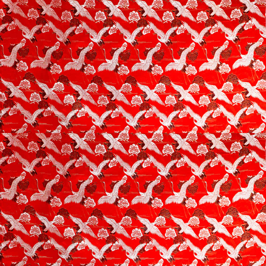 Golden Flying Crane on Brocade Fabric - Red
