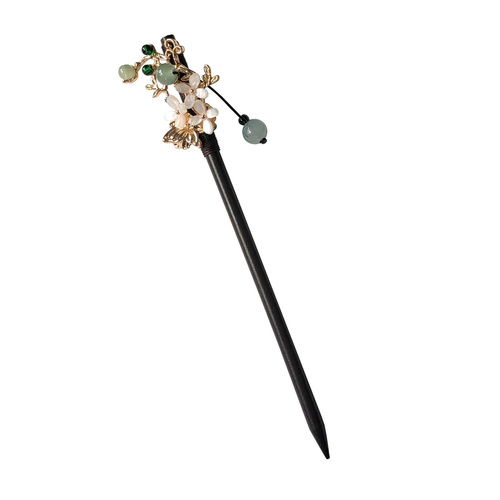 Hair Pin with White Flowers and Jade Beads