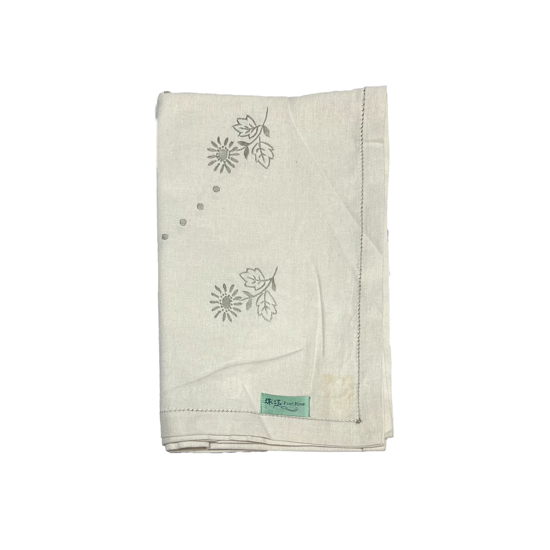 Linen Embroidered Tablecloth - Taupe with Gray Flowers