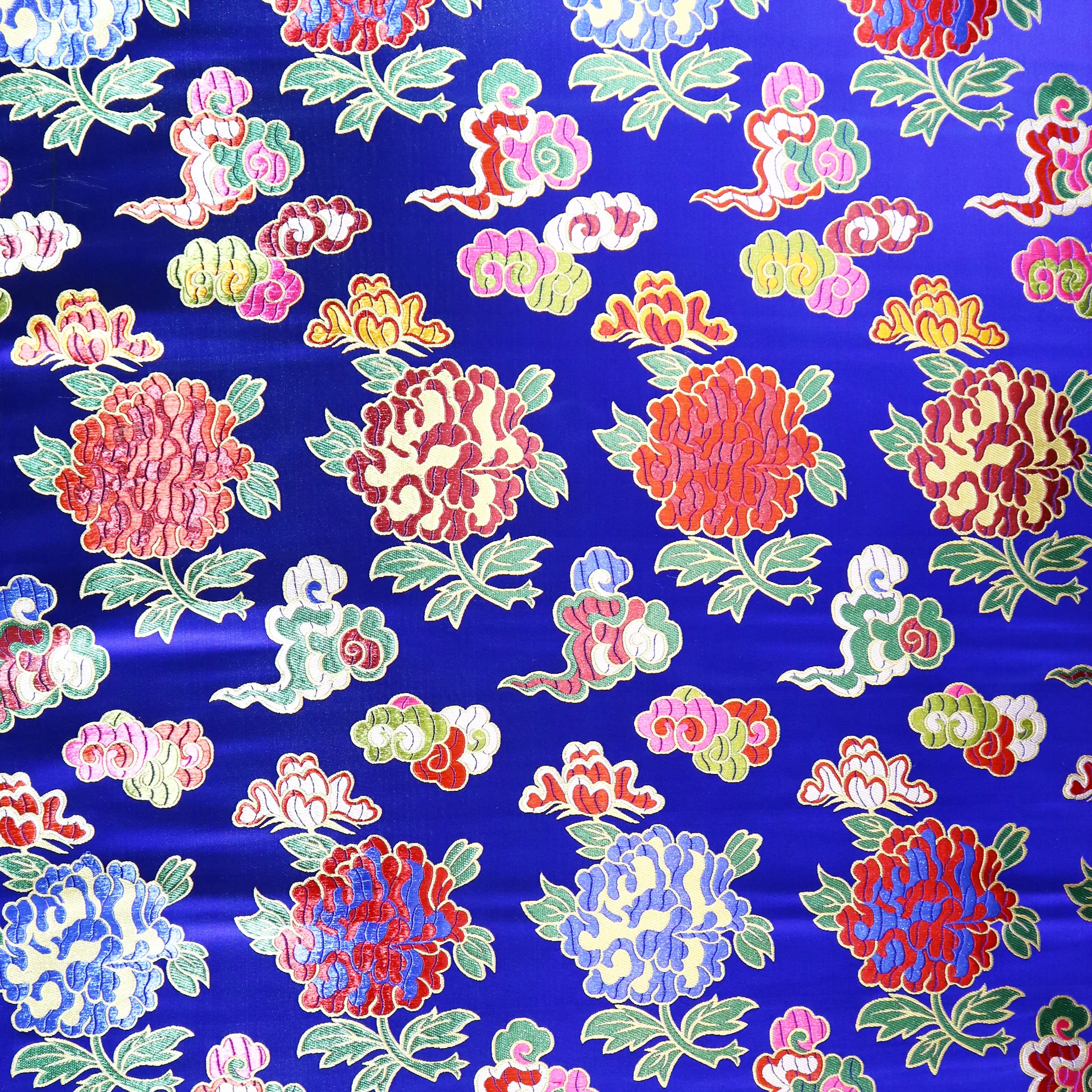 Colorful Peony Brocade Fabric - Cobalt Blue